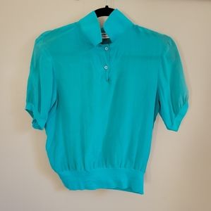 vintage 80s 100% silk Polo cropped short sleeve Blouse size XS S teal blue Kenar